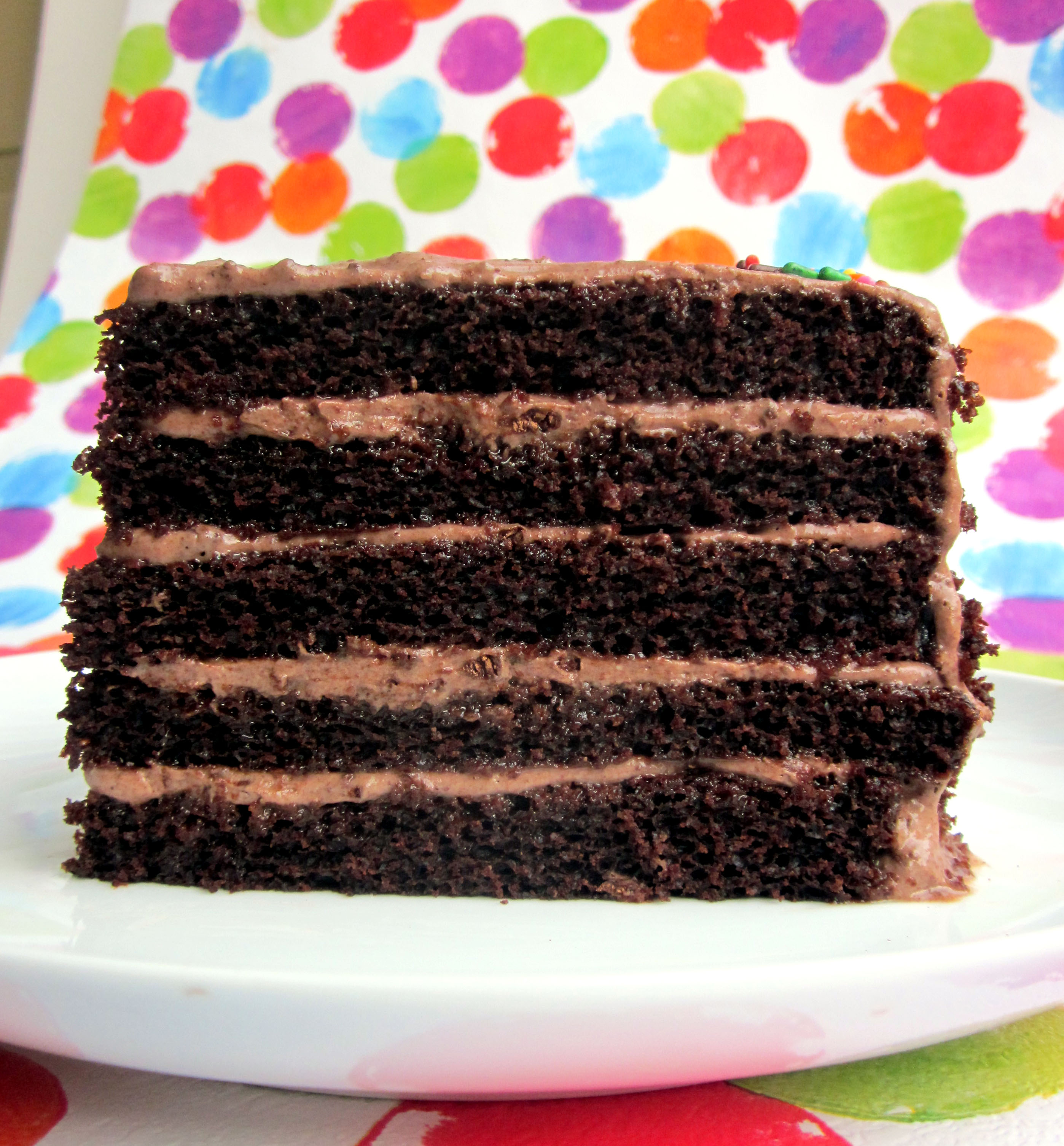 A five-layer chocolate cake with chocolate frosting on a white plate.