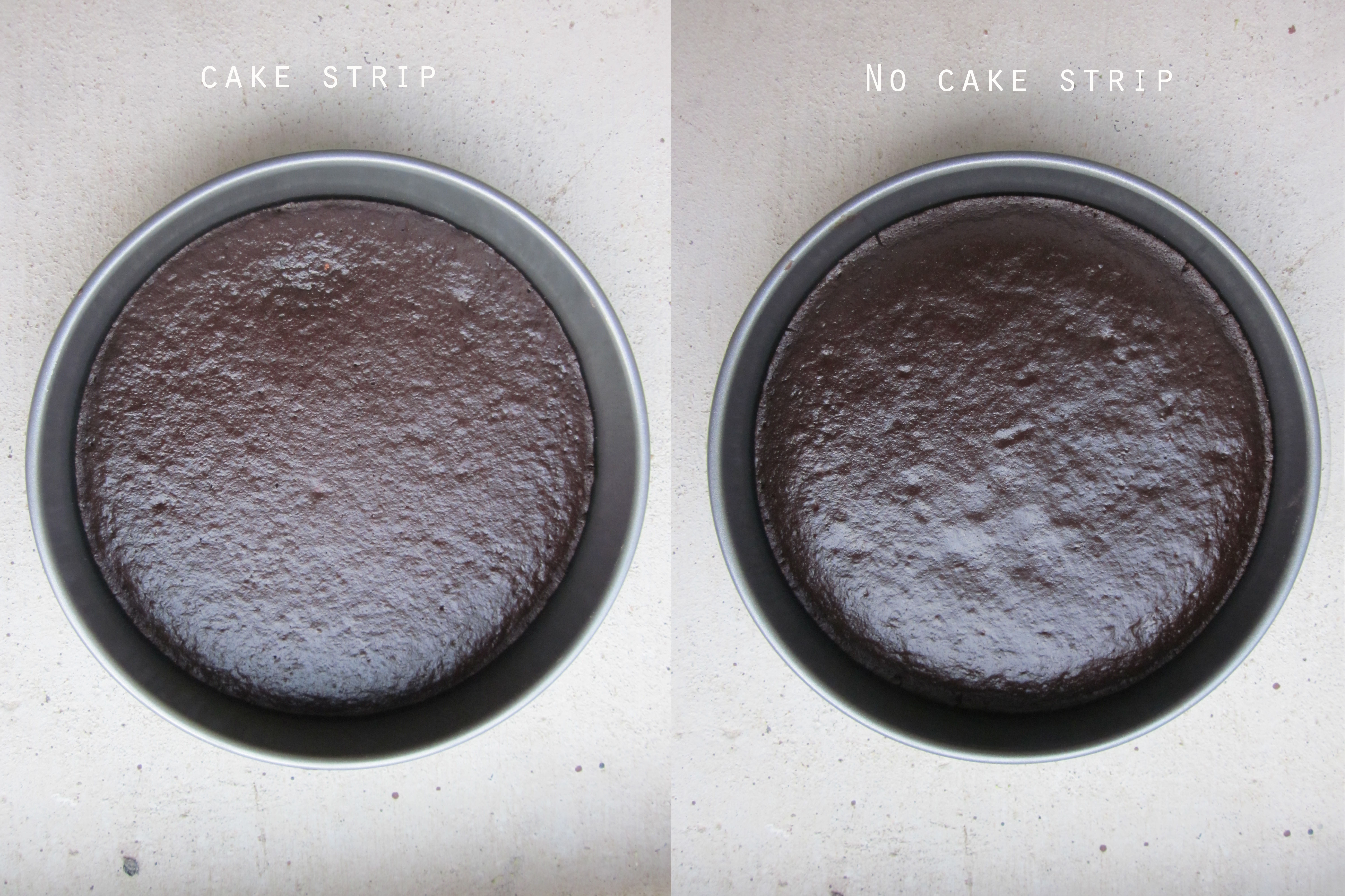 A round cake pan filled with chocolate cake with the label \"cake strip\" next a photo of a similar cake with a more uneven rise with the label \"no cake strip.\"