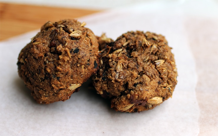 A close up on two cookies with spent grain visible on the top of the cookies.