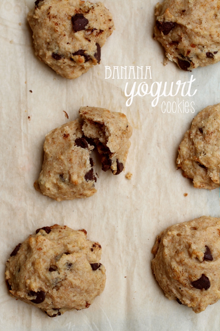 A banana chocolate chip cookie broken in half on a parchment-lined baking sheet.