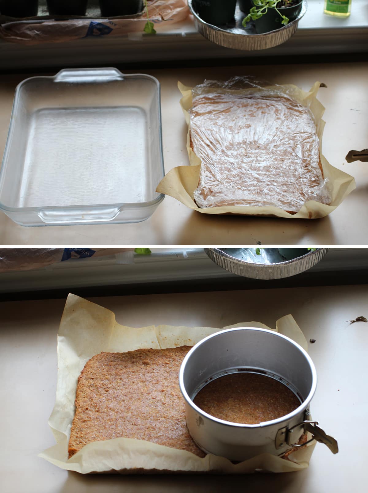 A 9x13 pan next to a cake wrapped in plastic wrap.