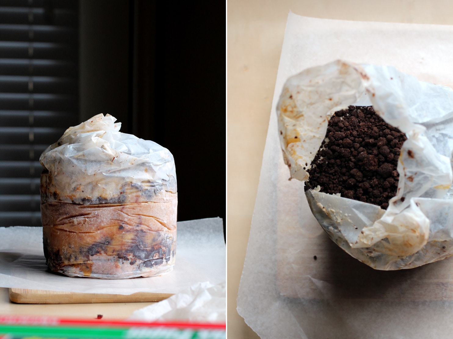 A parchment wrapped cake on a cutting board next to a top down view of the chocolate crumbs on top.