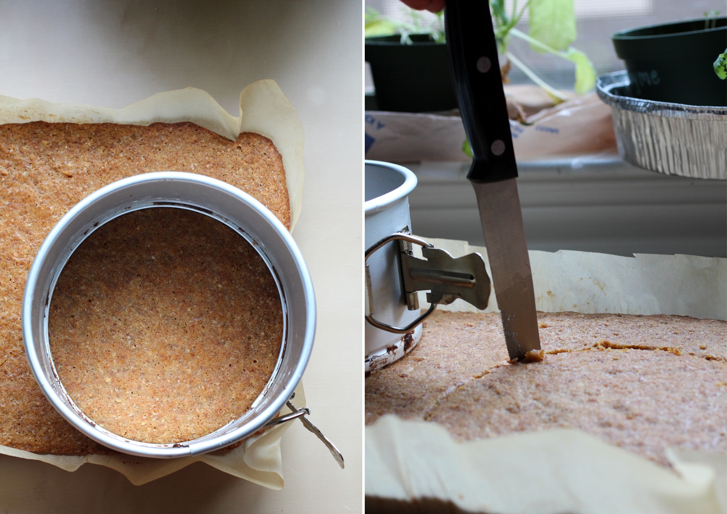 A sheet of cake with a 6\" cake pan resting on top next to a photo of a knife cutting through a circle of cake.