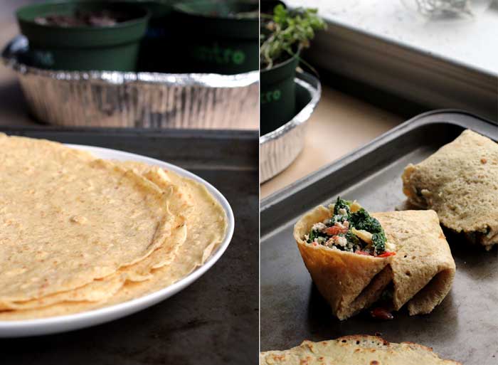 A pile of chickpea flour tortillas on a white plate next to a chickpea flour wrap.