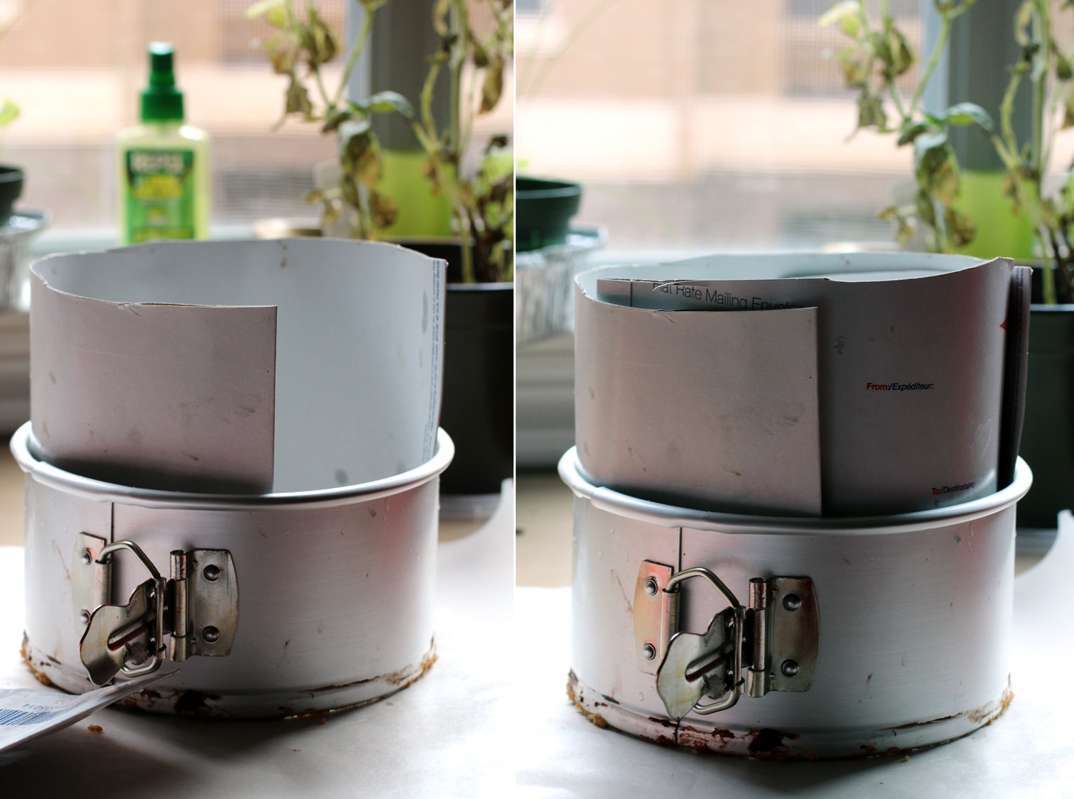 A six inch springform cake pan with cardboard placed inside it as a guide.