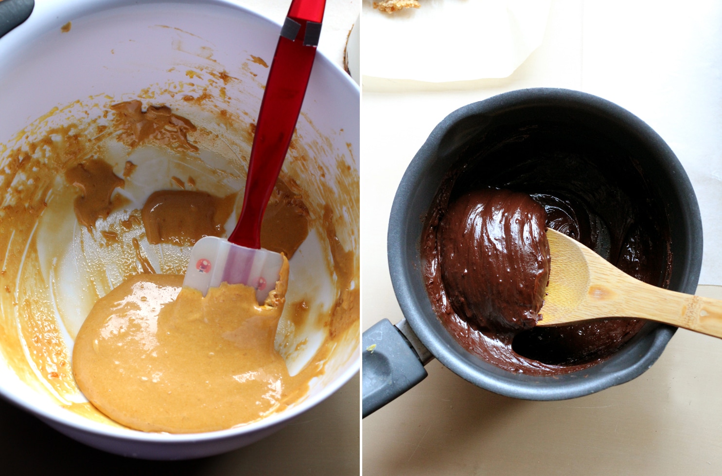 A white bowl of burnt honey frosting next to a saucepan of chocolate ganache.