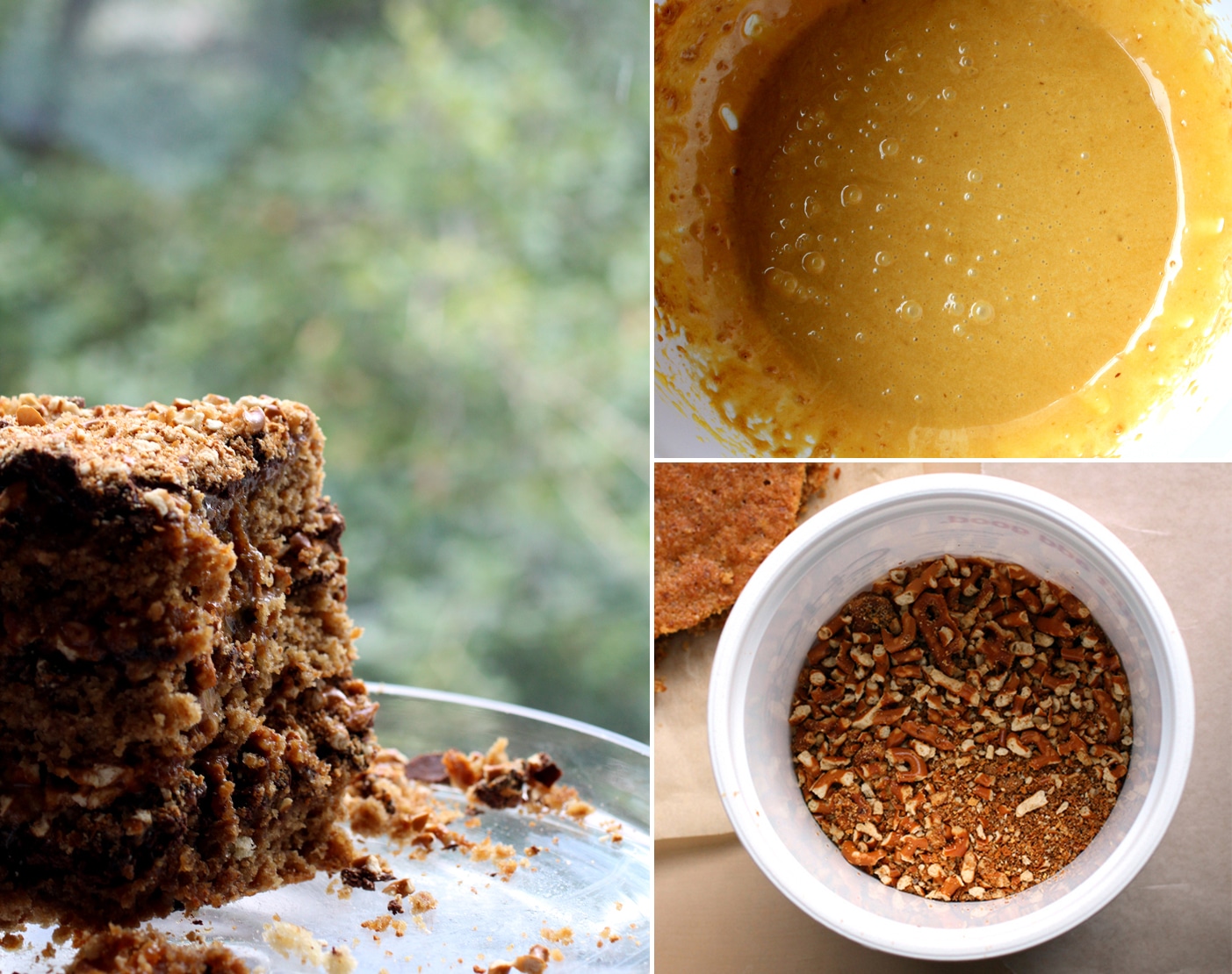 Three quarters of a pretzel layer cake on a glass cake stand next to a close up on pretzel crumbs and burnt honey frosting.