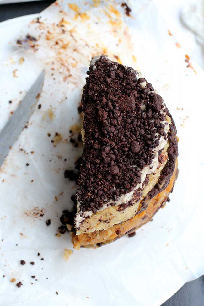 Half of a triple layer chocolate chip cake layered chocolate crumbs on a white plate.