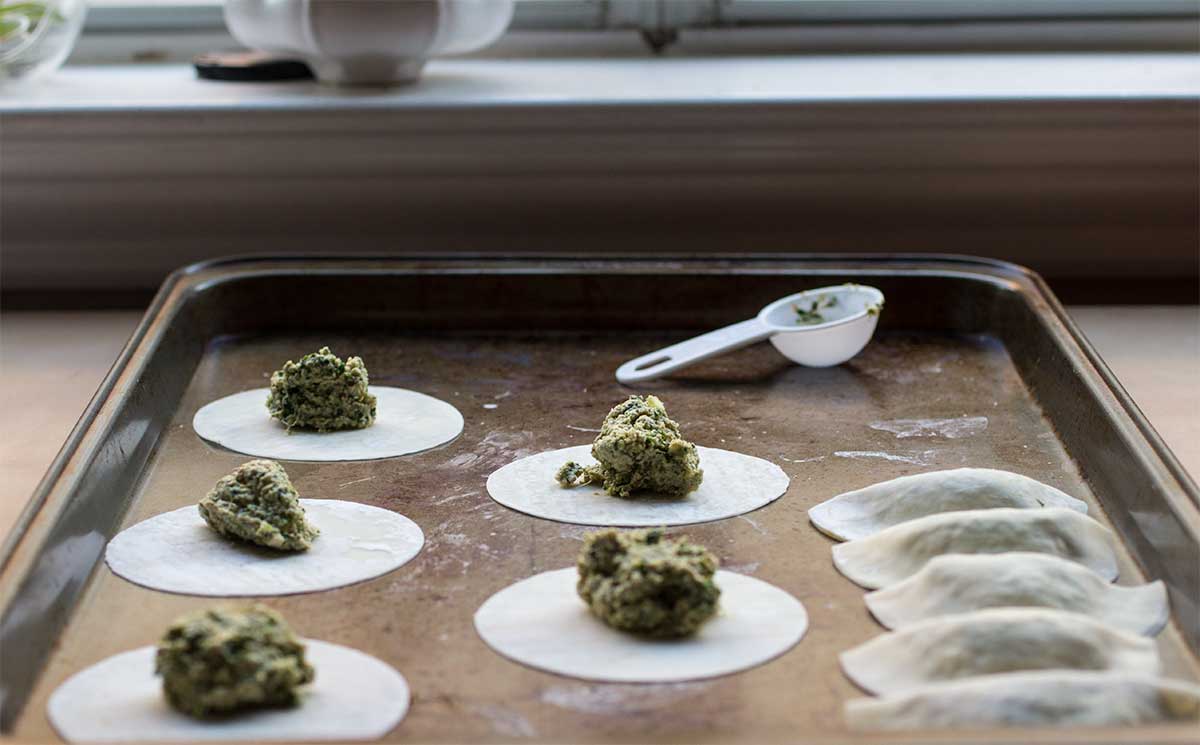 Rounds of dumpling wrappers topped with balls of filling.