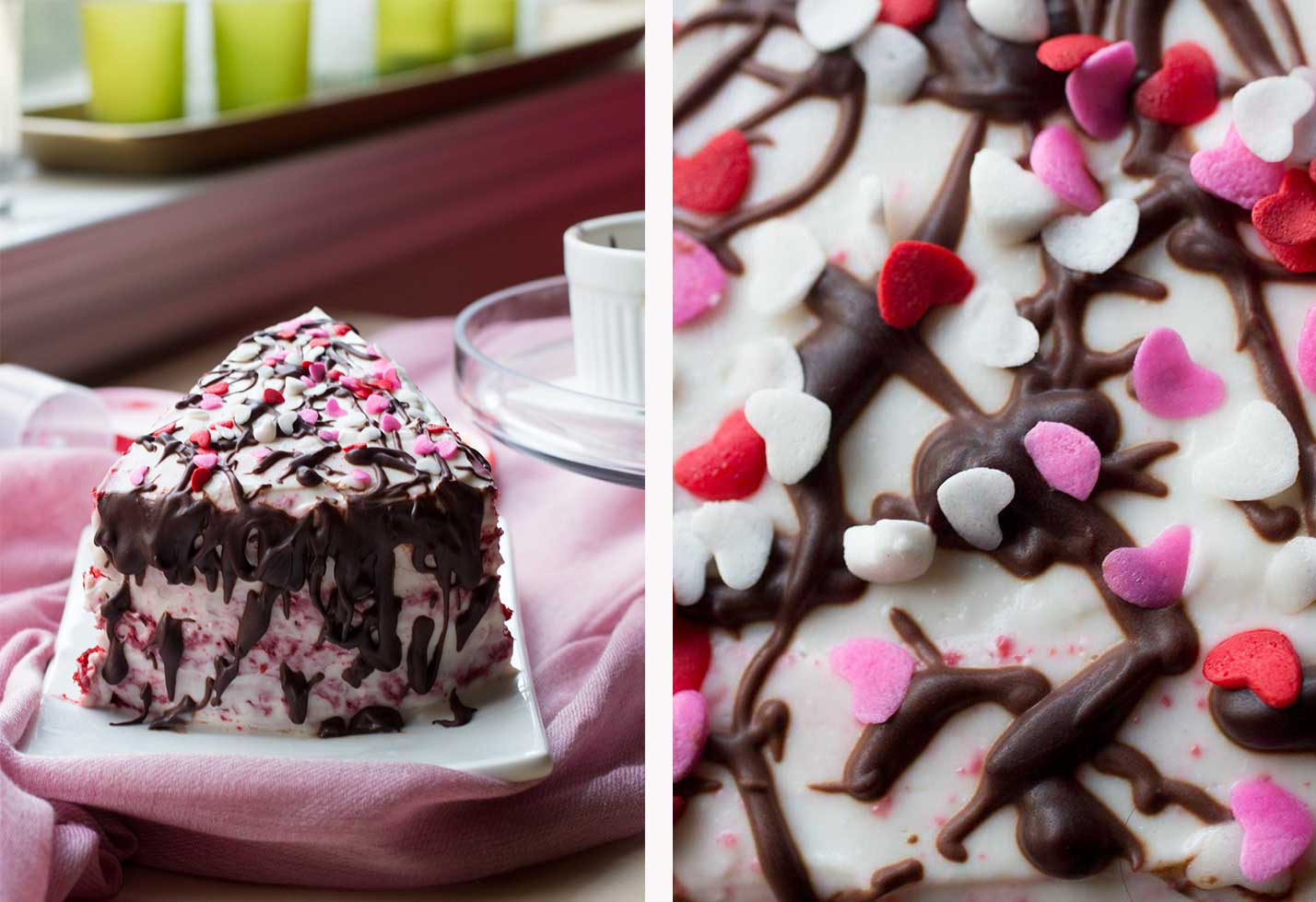 A slice of red velvet cake with sprinkles and chocolate drizzles on top.