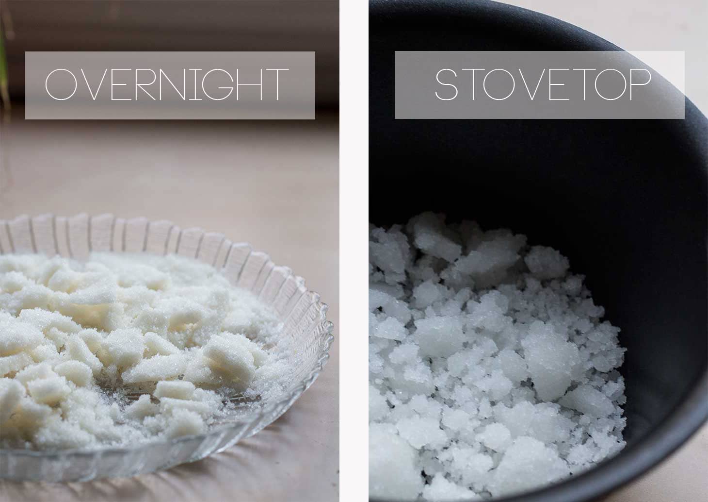 A picture of hardened sugar broken up on a glass plate with a label that says \"overnight\" next to a black saucepan full of crystallized pearl sugar with a label that says \"stovetop.\"