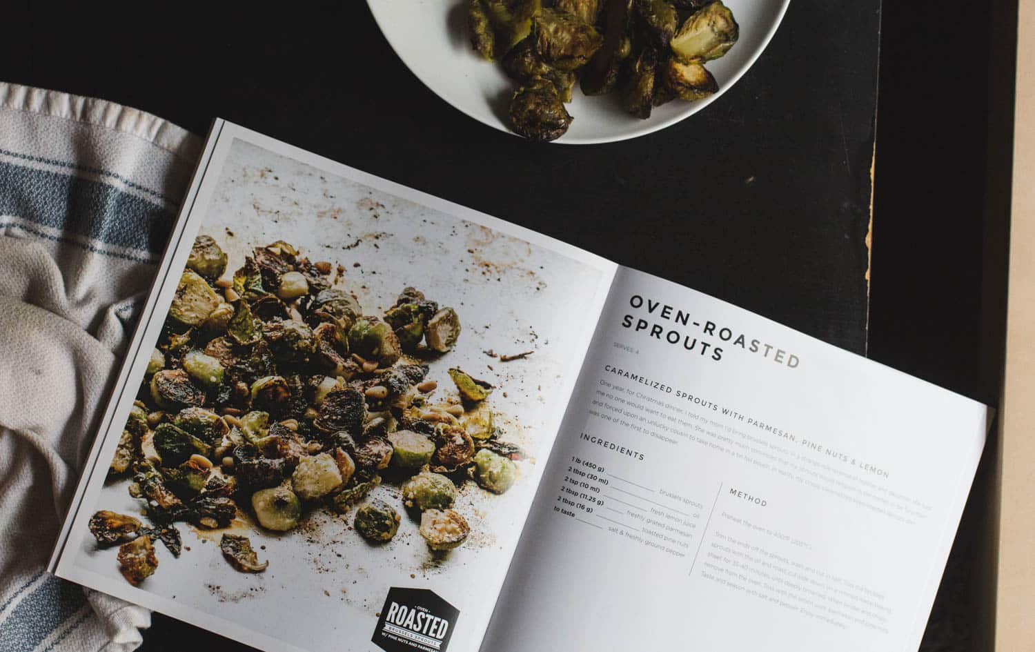 Easy Gourmet cookbook opened to the oven-roasted brussels sprouts page.