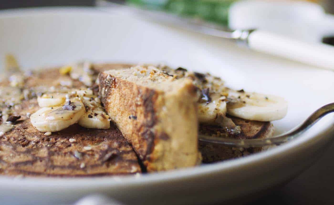 A close up on a slice of protein pancake.