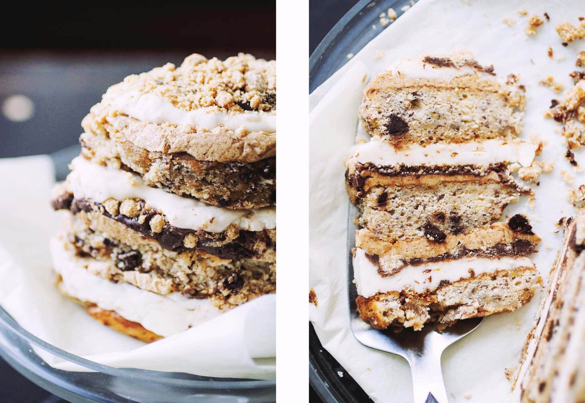 A side view of a milk bar style s\'mores cake next to a single slice of cake.