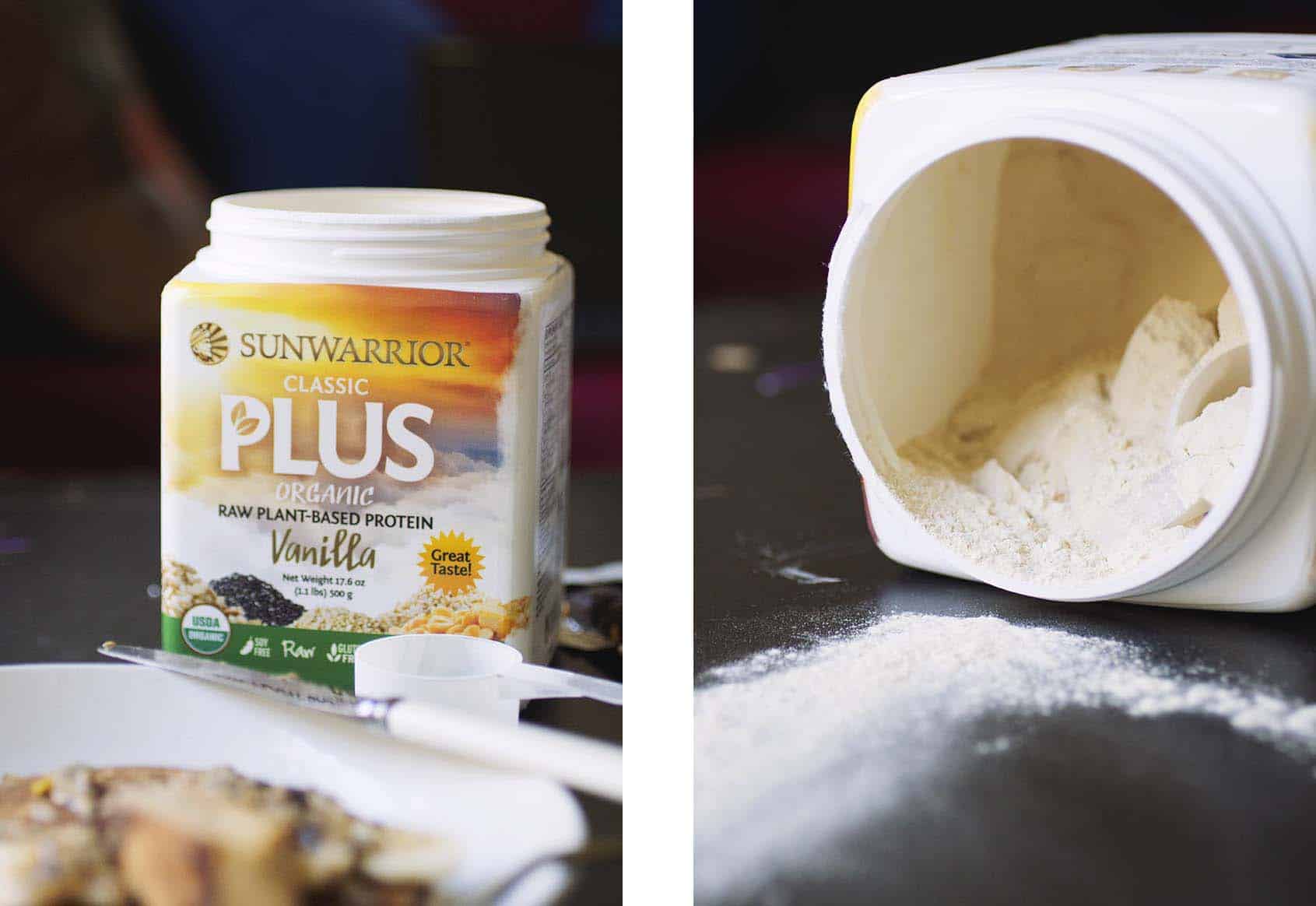 A container of Sunwarrior vanilla protein powder.