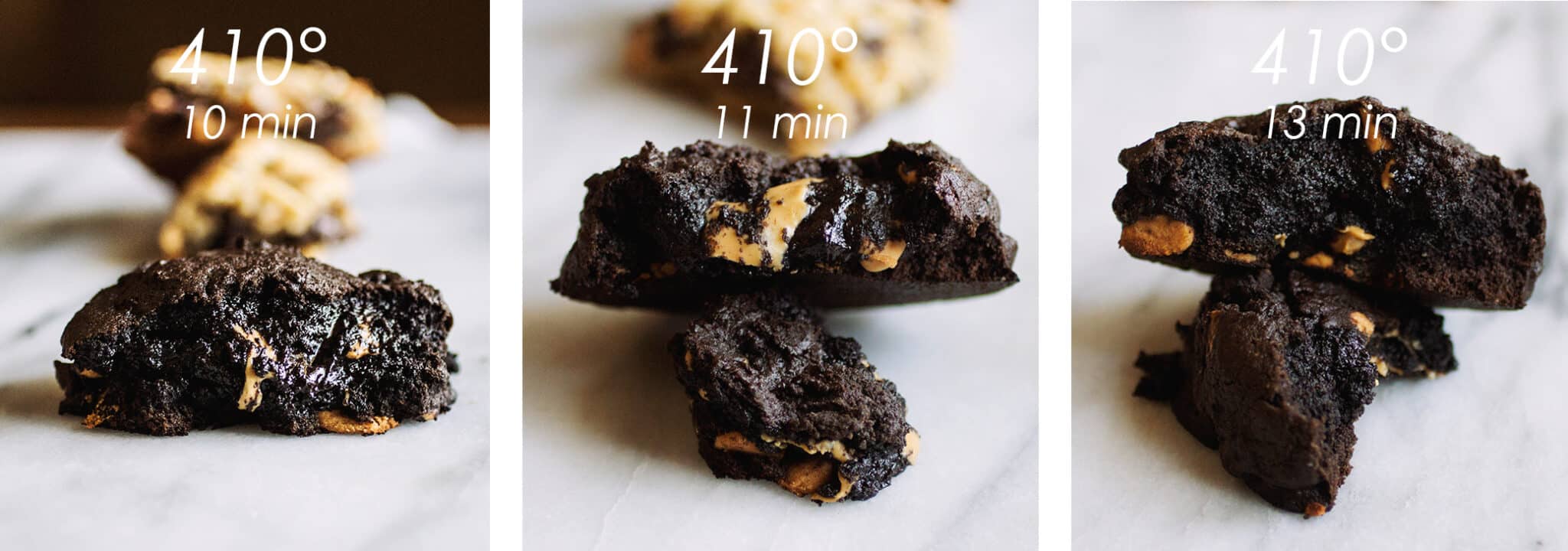 A chocolate peanut butter Levain copycat cookie broken in half on a white background.