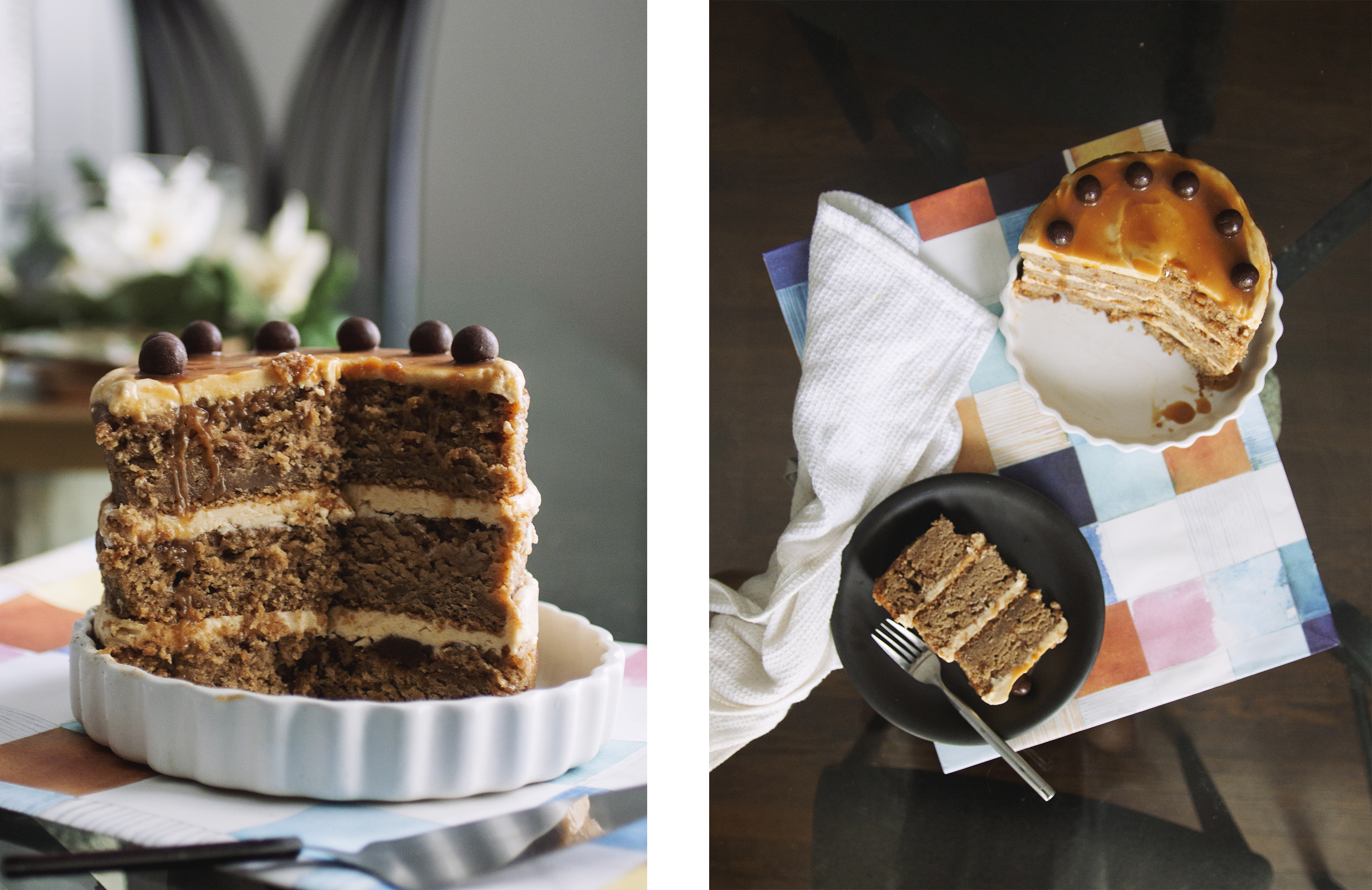 3/4 of a caramel apple cake topped with chocolate balls on a white plate next to a slice of cake on a black cake.