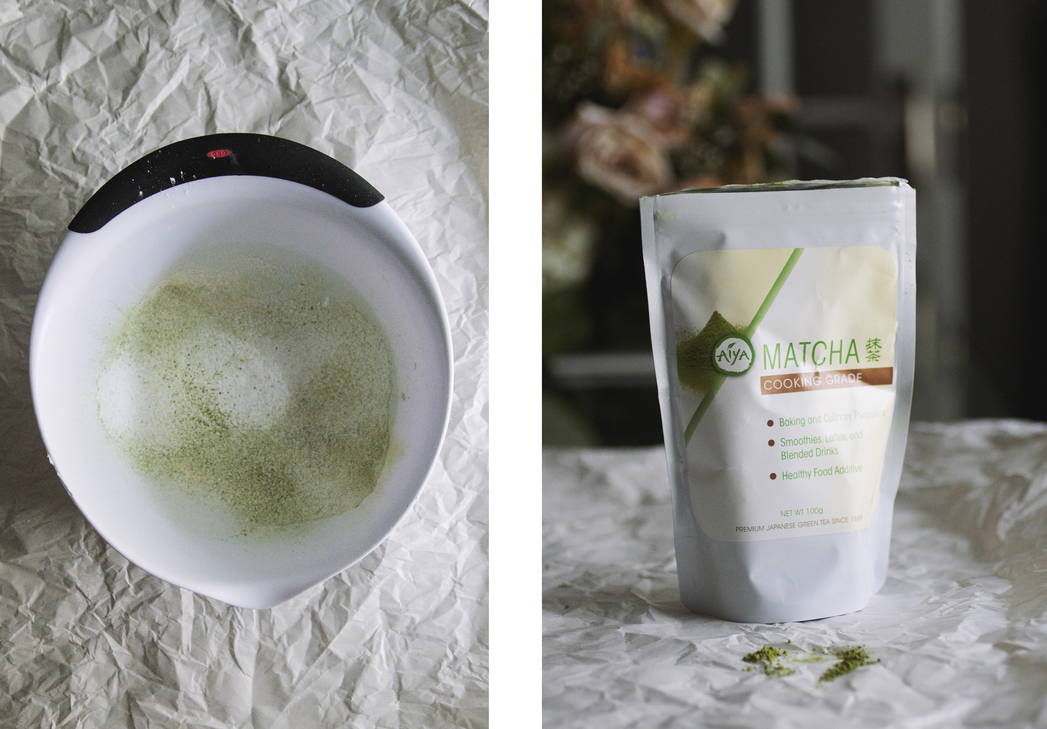 A bowl of matcha sifted with sugar next to a bag of Aiya matcha.