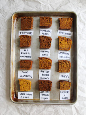 12 slices of pumpkin bread with labels on a baking sheet.