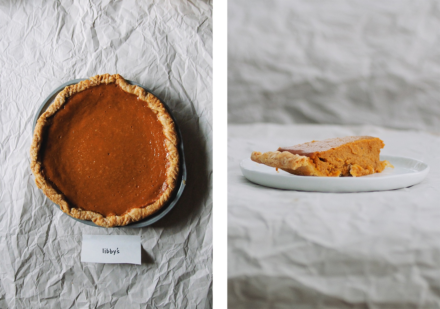 Overhead view and side view of Libby\'s pumpkin pie.