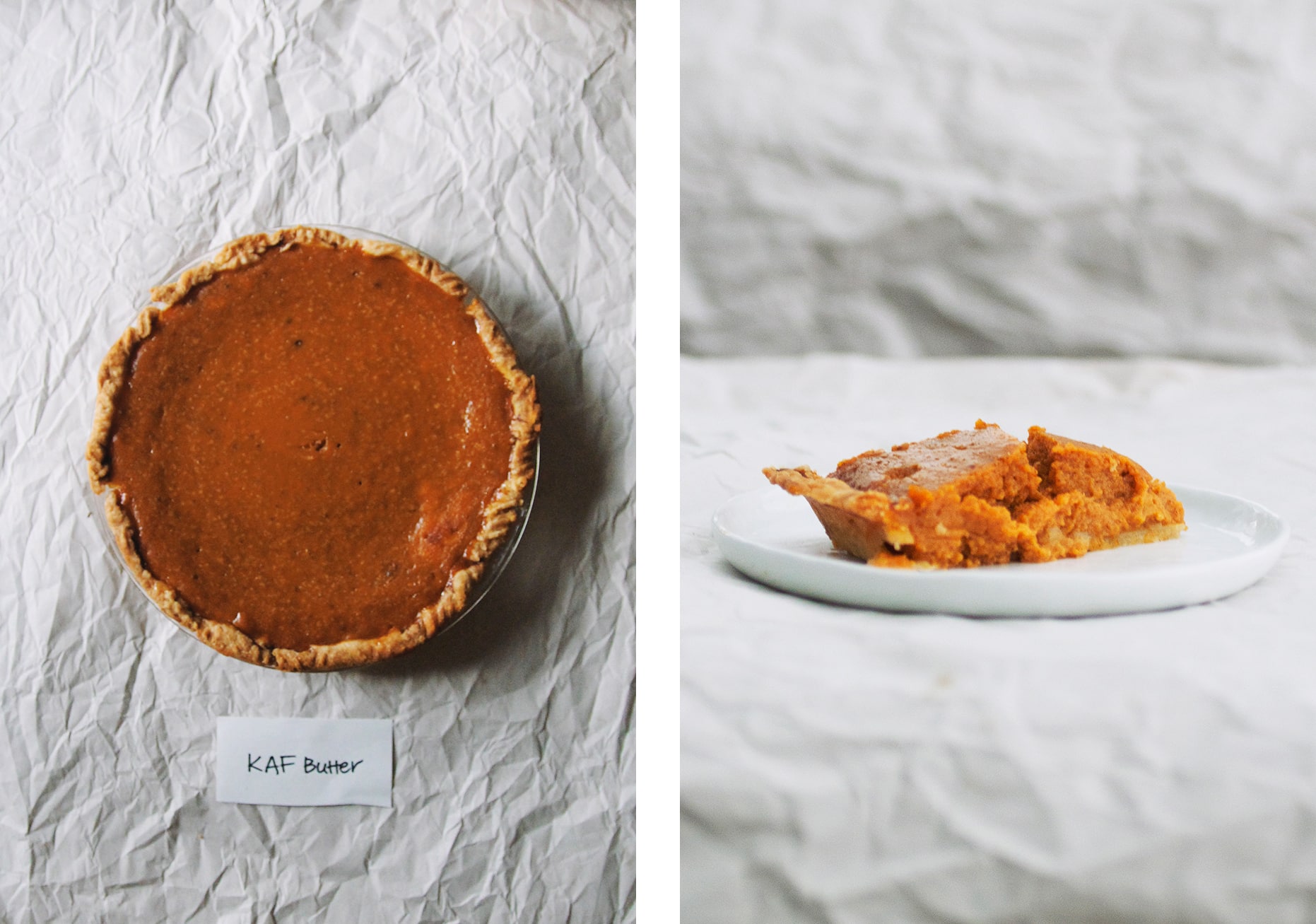 Overhead view and side view of Henry Pie pumpkin pie.