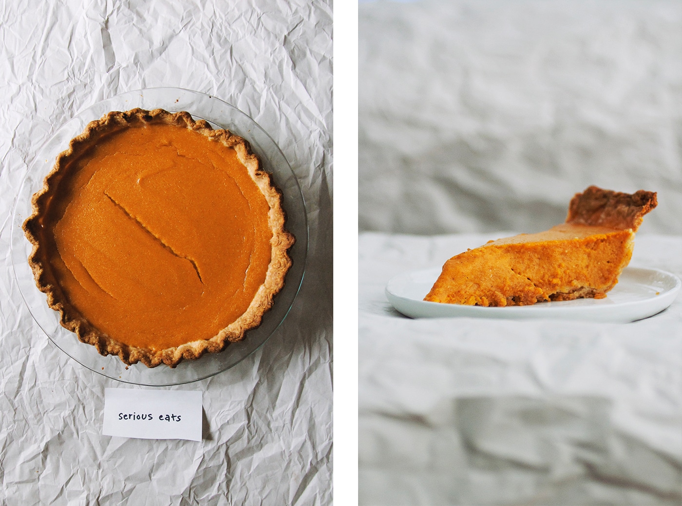 Overhead view and side view of Serious Eats pumpkin pie.