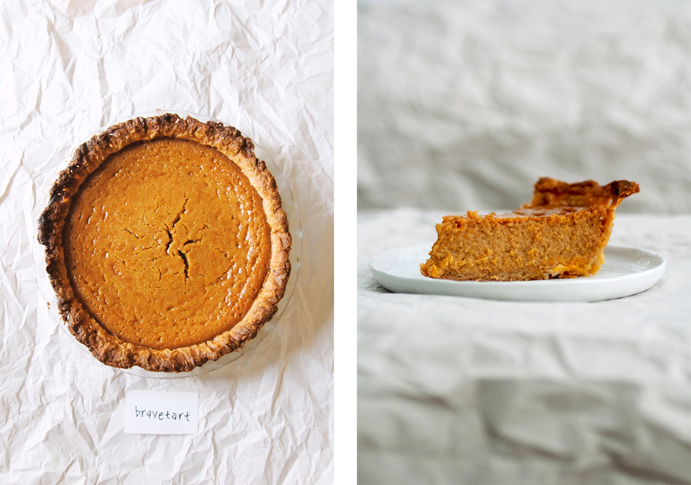 Overhead view and side view of Bravetarts\'s pumpkin pie.