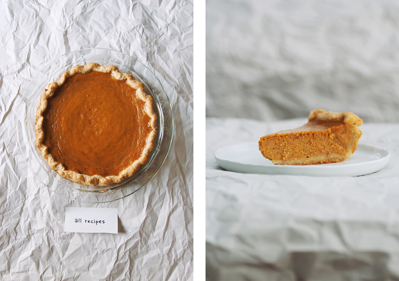 Overhead view and side view of All Recipes pumpkin pie.