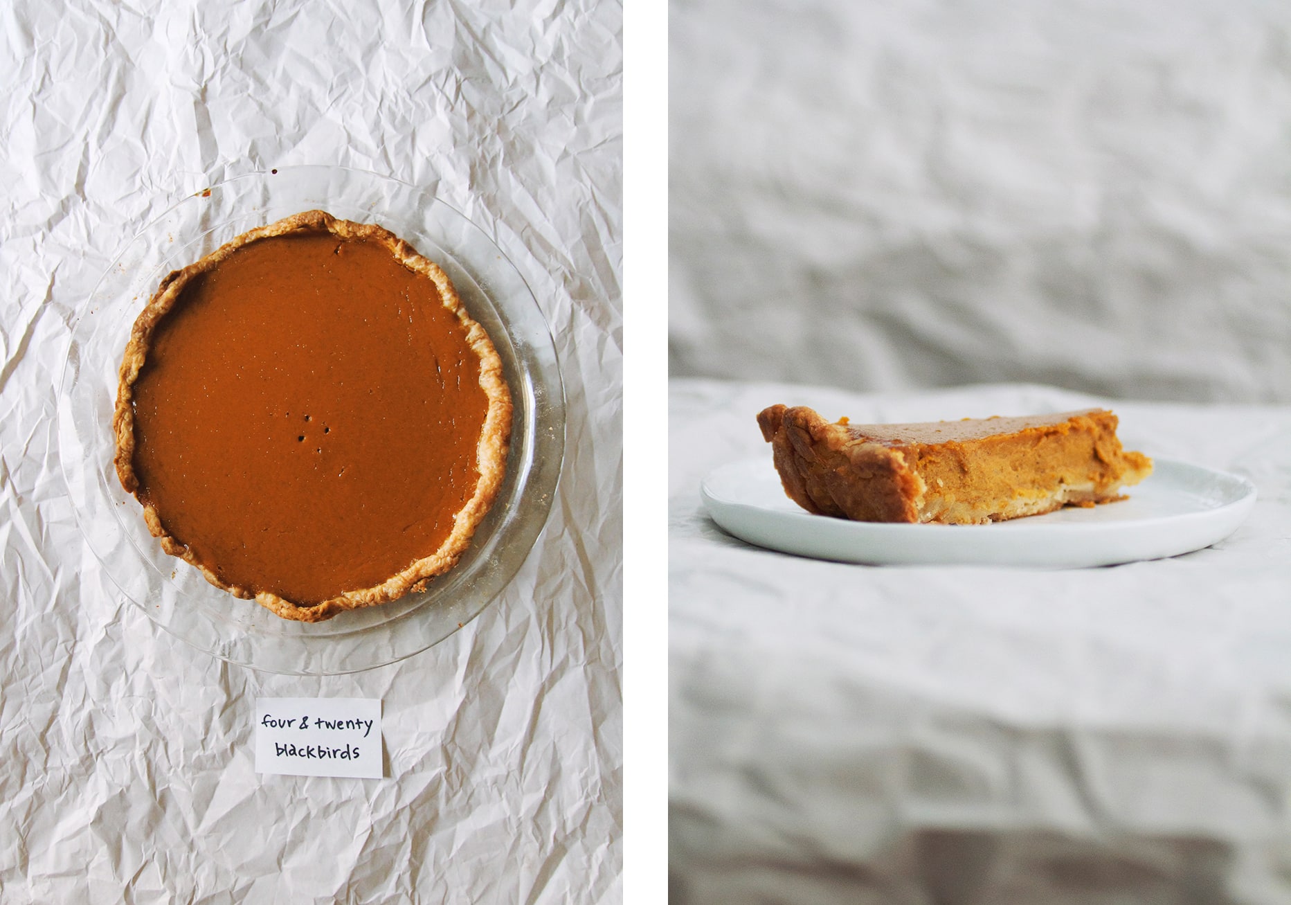 Overhead view and side view of Four and Twenty Black Birds best pumpkin pie.