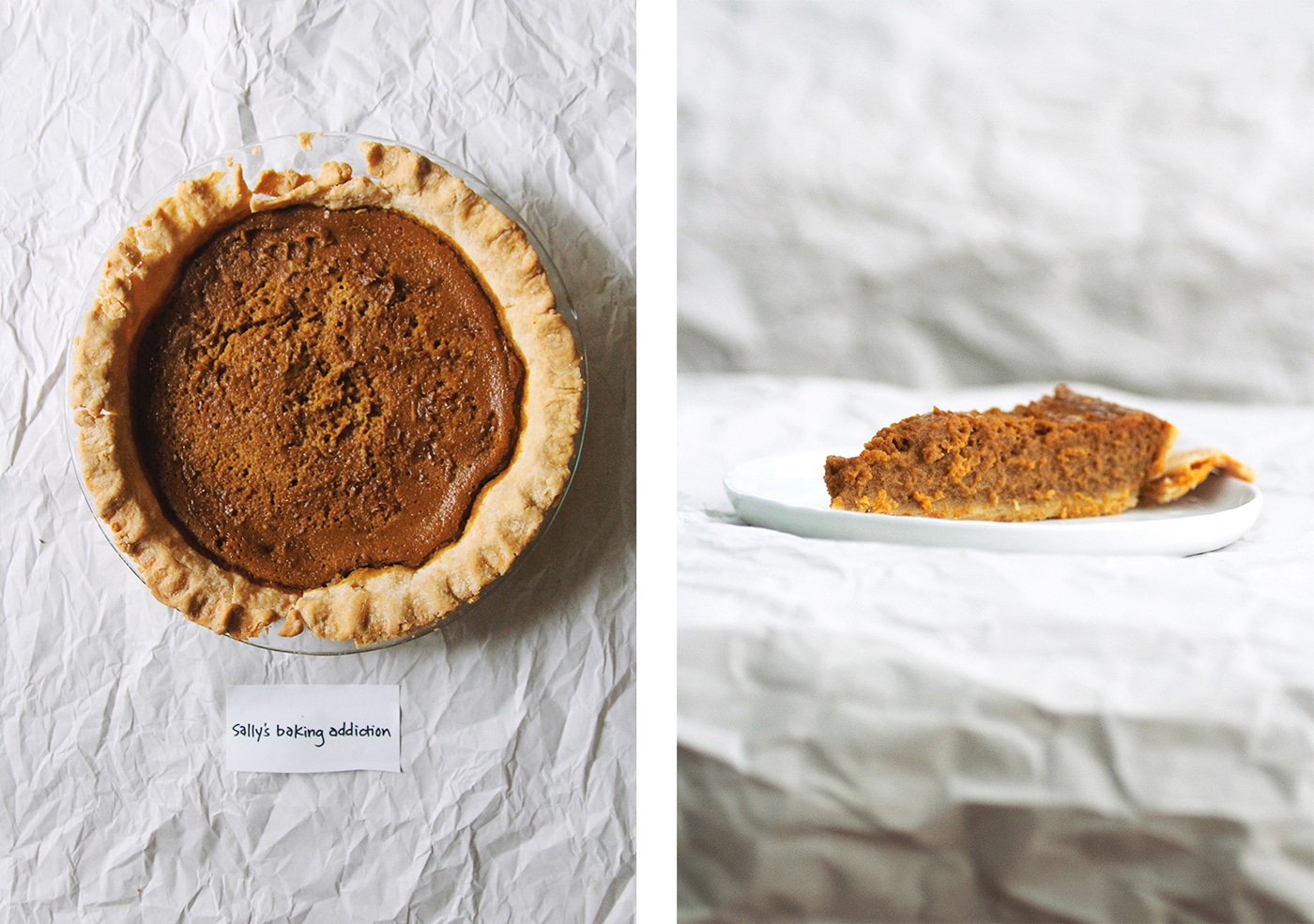 Overhead view and side view of Sally\'s Baking Addiction pumpkin pie.