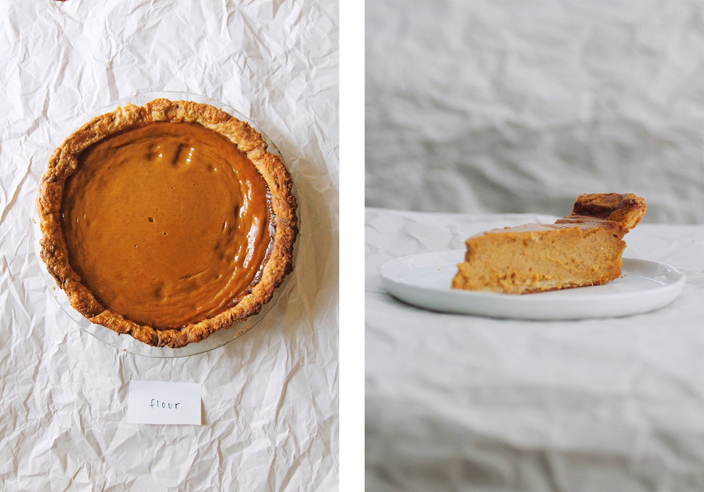 Overhead view and side view of Flour Bakery\'s pumpkin pie.