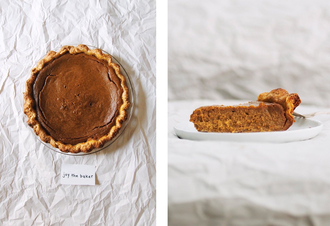 Overhead view and side view Joy the Baker\'s pumpkin pie.
