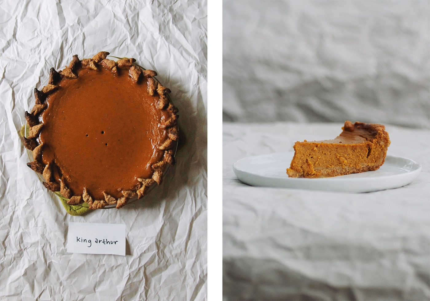 Overhead view and side view King Arthur Flour\'s pumpkin pie.