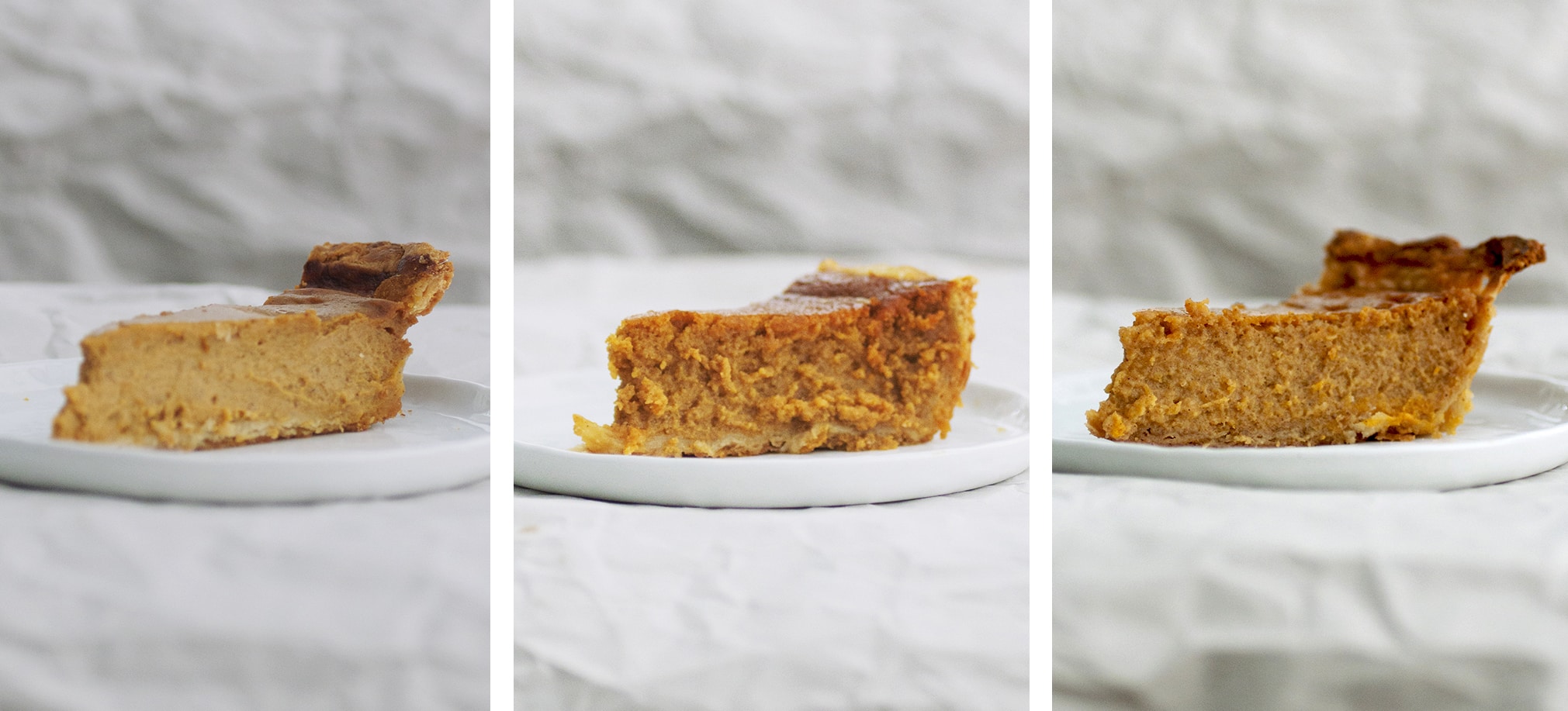 From left to right: side view of Flour, Modern Honey, and BraveTart pumpkin pie filling recipes.