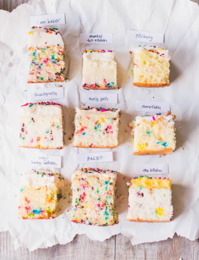 9 squares of different funfetti cakes on a gray background.