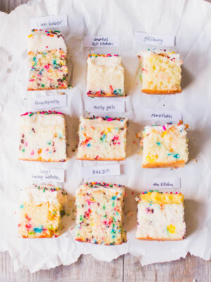 9 squares of different funfetti cakes.