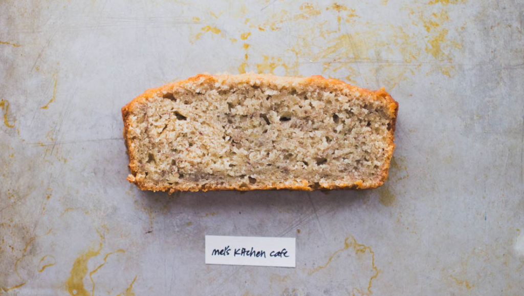 A slice of Mel\'s Kitchen Cafe banana bread.