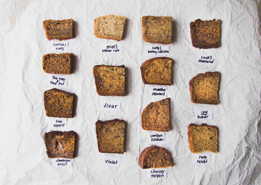 14 different slices of banana bread on a white background.