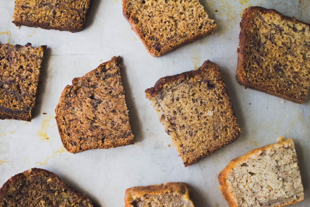 Half slices of banana bread on a gray background.