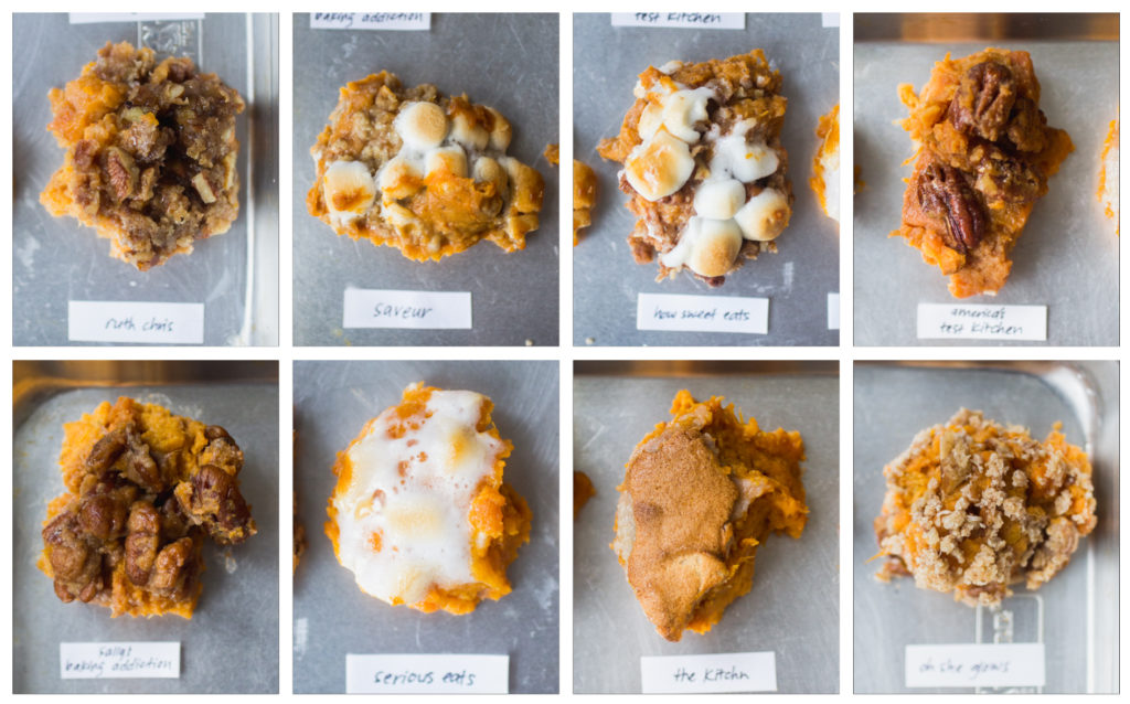 A grid of 8 different sweet potato casserole recipes.