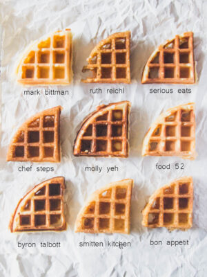 9 different yeasted waffle recipes on a gray background.