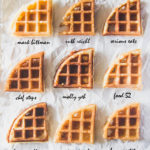 9 different Belgian waffle quarters on a white background.