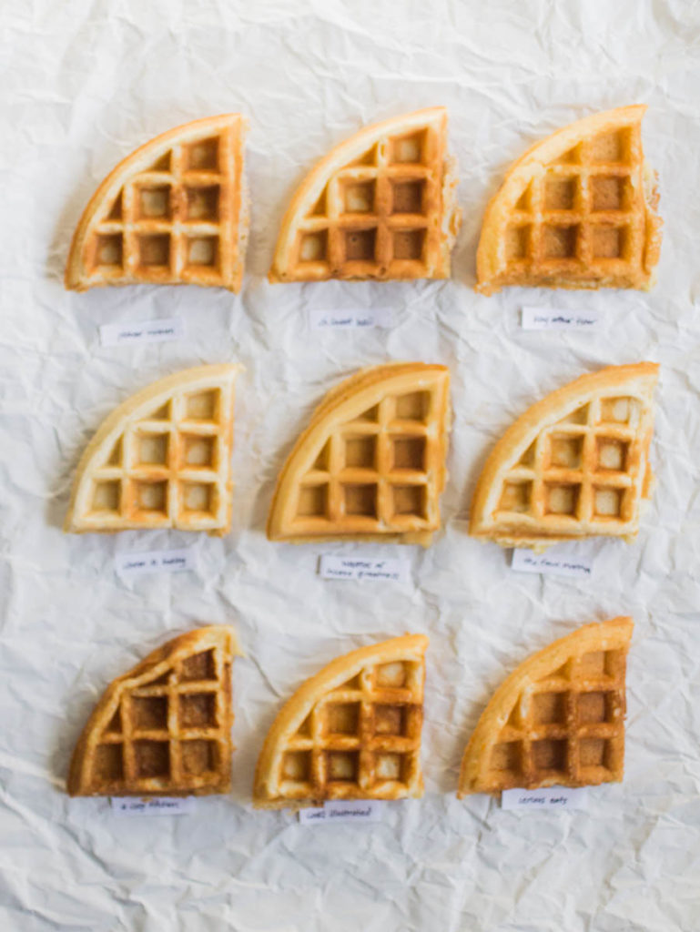9 quarters of different Belgian waffle recipes on a gray background.