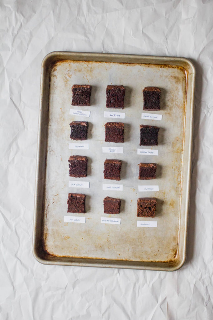 A gray baking sheet with 12 squares of different chocolate cakes with labels.