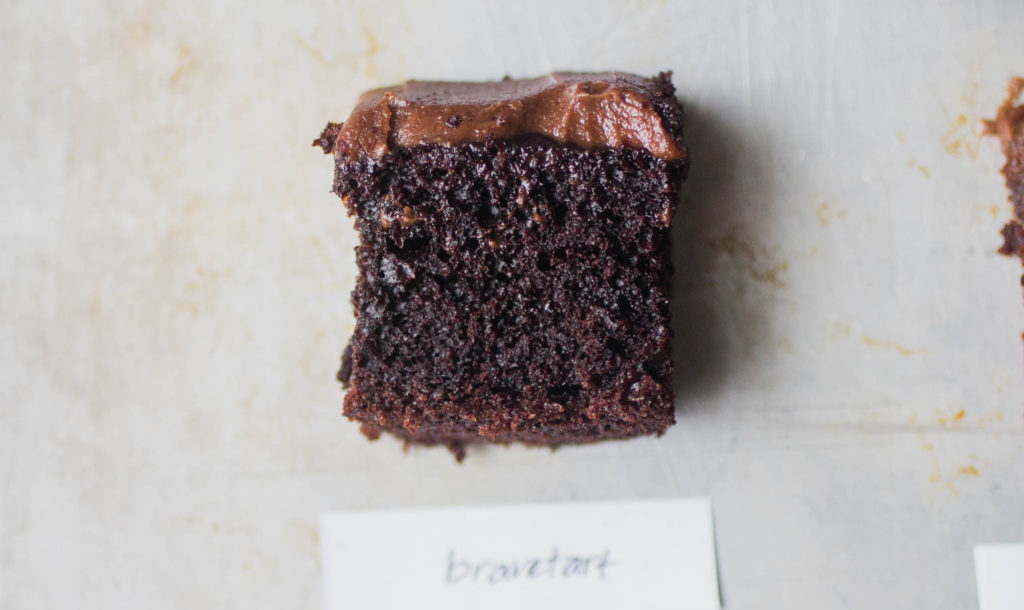 Bravetart Devil\'s food cake with chocolate frosting.