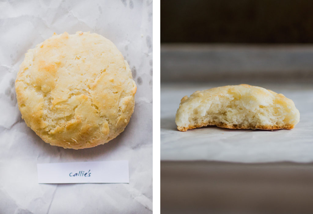 Overhead view and cross section of Callie\'s buttermilk biscuit.