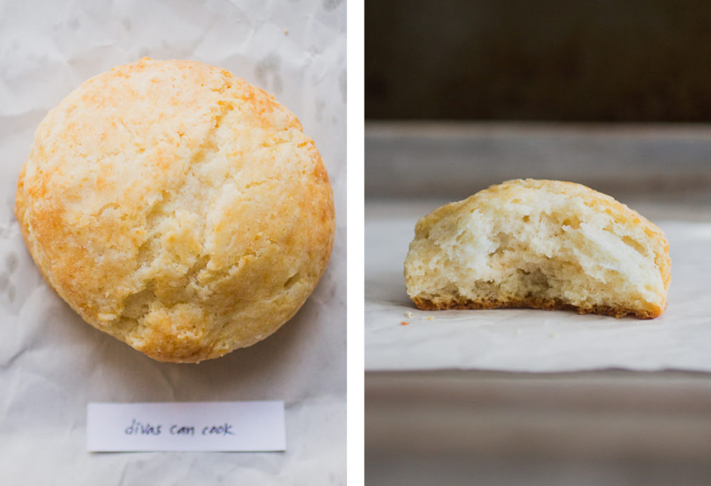 Overhead view and cross section of divas can cook buttermilk biscuit.