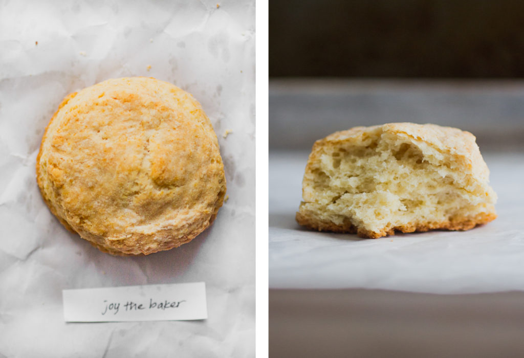 Overhead view and cross section of joy the baker\'s buttermilk biscuit.
