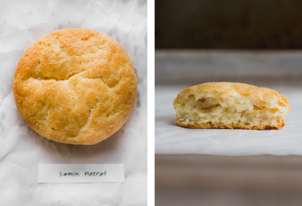 Overhead view and cross section of samin nosrat buttermilk biscuit.