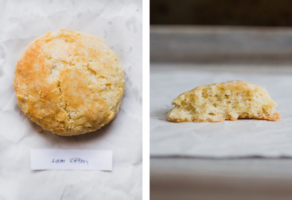 Overhead view and cross section of Sam Sifton buttermilk biscuit.